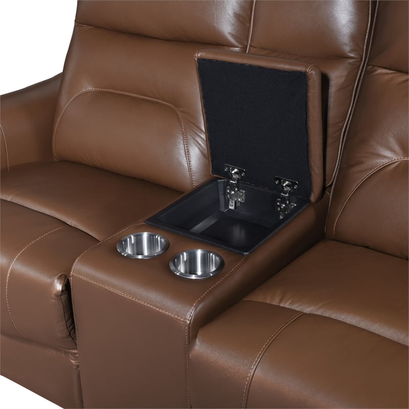Furniture of America Dansworth Leather Storage Power Loveseat in Caramel Brown