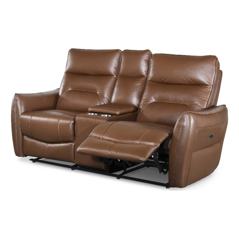 Furniture of America Dansworth Leather Storage Power Loveseat in Caramel Brown