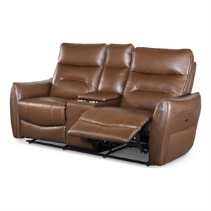 Furniture of America Dansworth Leather Storage Power Loveseat in Caramel Brown