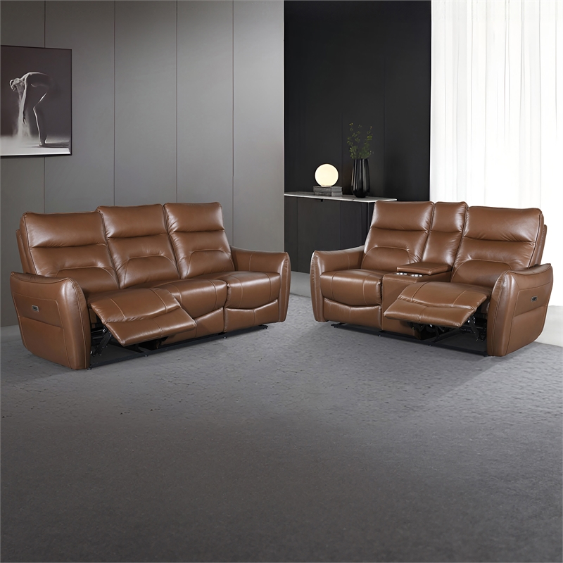Furniture of America Dansworth 2-Piece Leather Power Sofa Set in Caramel Brown