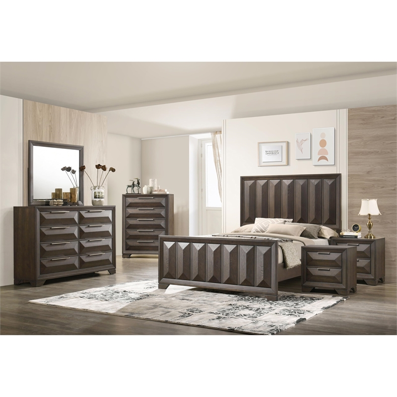 FOA Werren 6pc Espresso Wood Bed Set - Queen+2 Nightstands+Chest+Dresser+Mirror