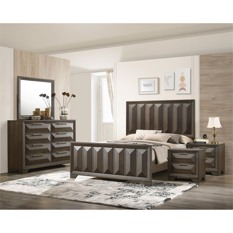 FOA Werren 5pc Espresso Wood Bed Set - Queen + 2 Nightstands + Dresser + Mirror