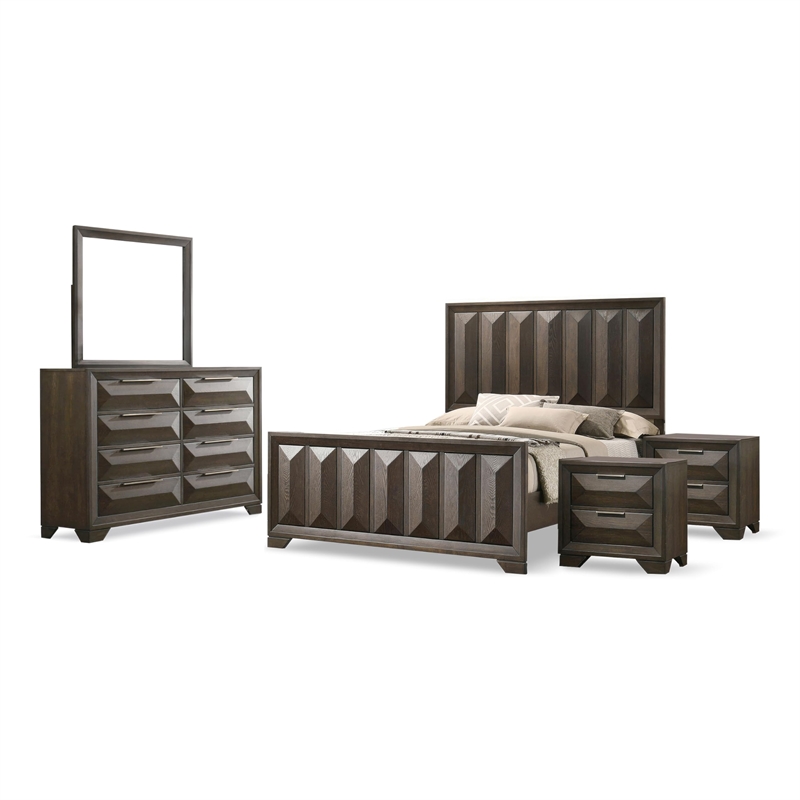 FOA Werren 5pc Espresso Wood Bed Set - Queen + 2 Nightstands + Dresser + Mirror