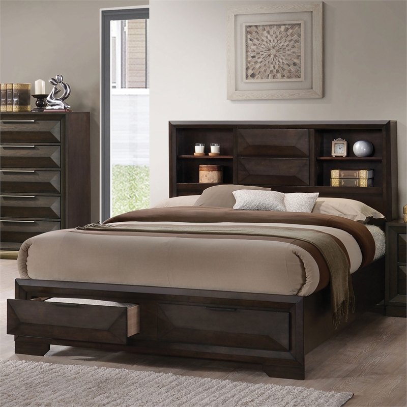 Furniture of America Masons Bookcase Headboard Wood Queen Bed in Espresso