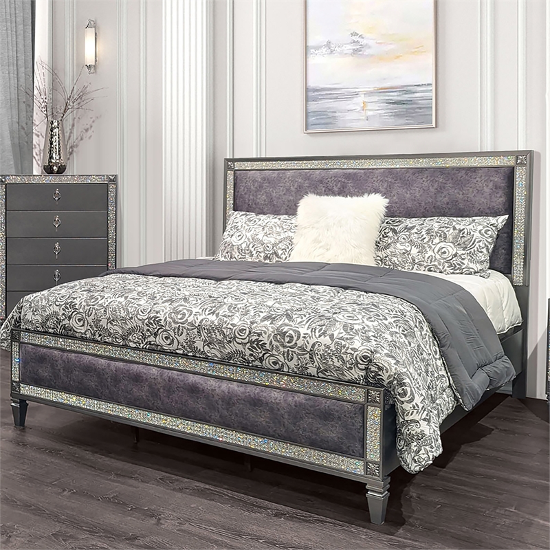 Furniture of America Galantt Solid Wood Padded Eastern King Bed in Gray