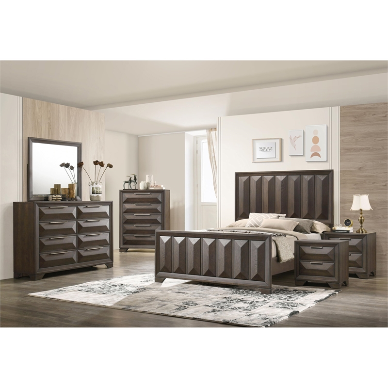 FOA Werren 6pc Espresso Wood Bed Set - King+2 Nightstands+Chest+Dresser+Mirror