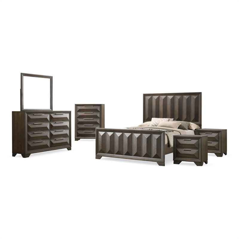 FOA Werren 6pc Espresso Wood Bed Set - King+2 Nightstands+Chest+Dresser+Mirror