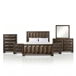 FOA Werren 6pc Espresso Wood Bed Set - King+2 Nightstands+Chest+Dresser+Mirror