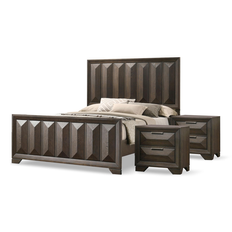 FOA Werren 3-Piece Espresso Solid Wood Bedroom Set - Queen + 2 Nightstands