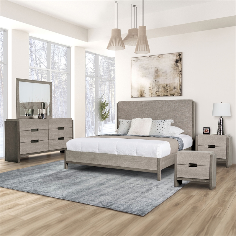 FOA Yasgard 5pc Gray Wood Bed Set - Queen + 2 Nightstands + Dresser + Mirror