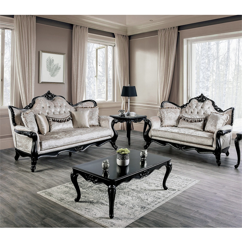 Furniture of America Jansing 2-Piece Solid Wood Button Tufted Sofa Set in Black