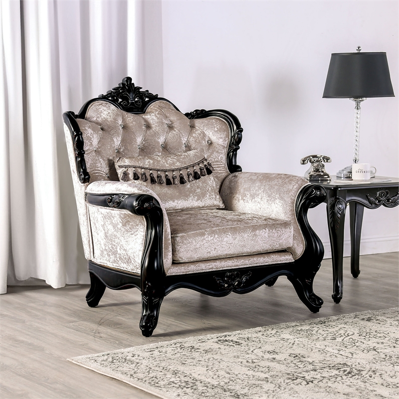 Furniture of America Jansing Solid Wood Tufted Arm Chair in Black