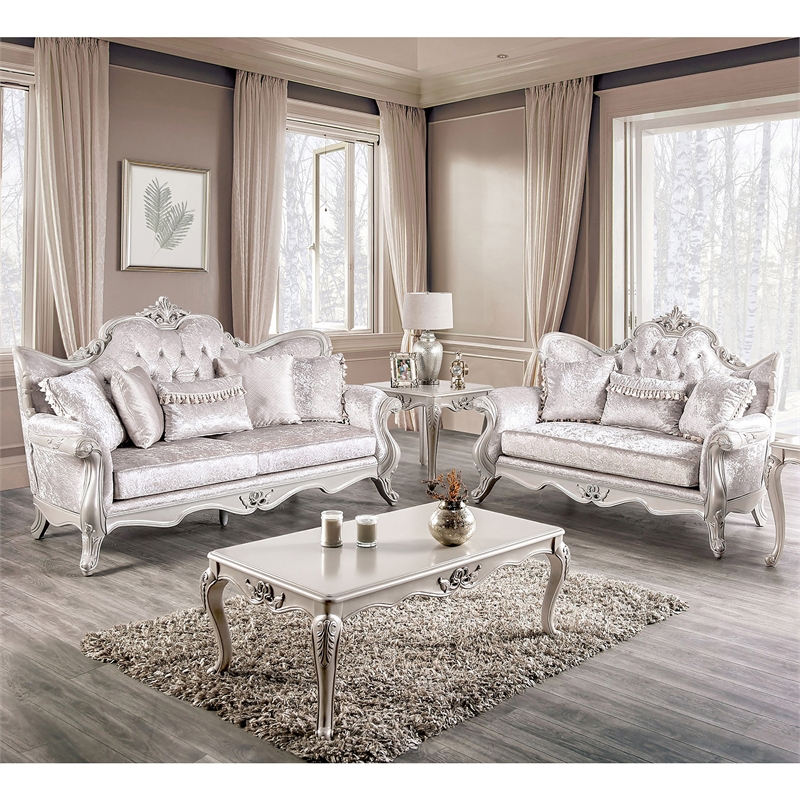 Furniture of America Jansing 2-Piece Solid Wood Tufted Sofa Set in Off White