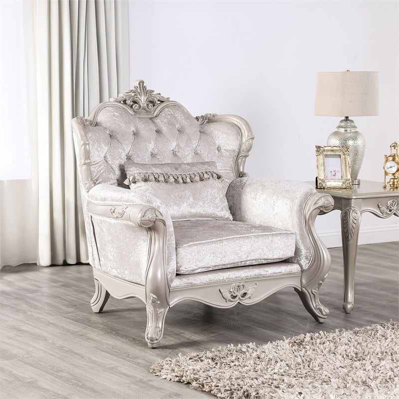 Furniture of America Jansing Solid Wood Tufted Arm Chair in Off White