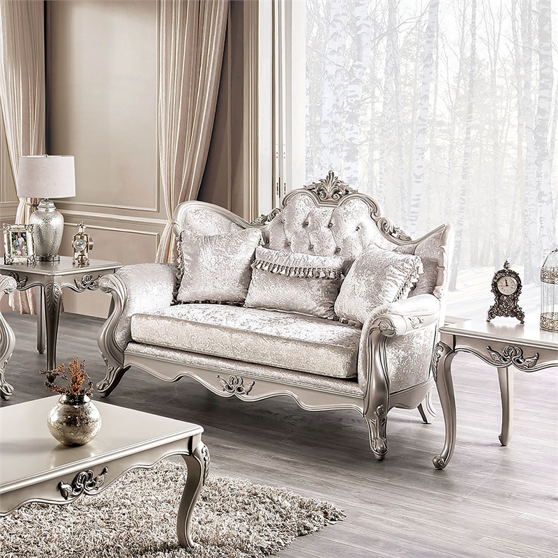 Furniture of America Jansing Solid Wood Button Tufted Loveseat in Off White