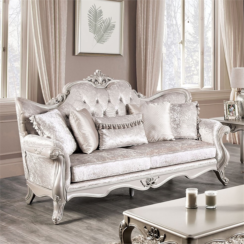 Furniture of America Jansing Solid Wood Button Tufted Sofa in Off White