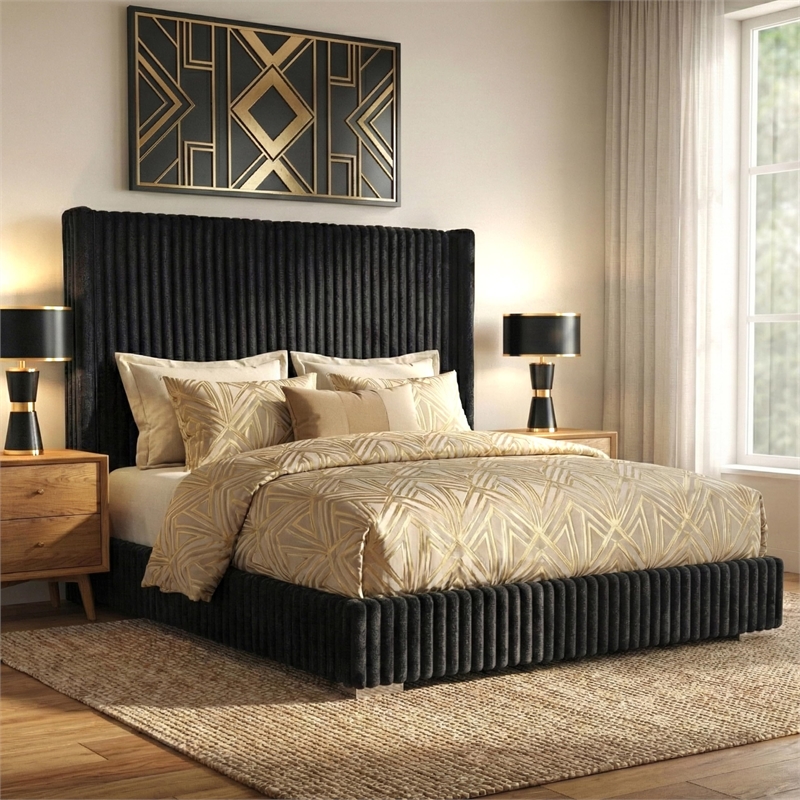 Furniture of America Plutforn Chenille Mattress Ready King Bed in Black