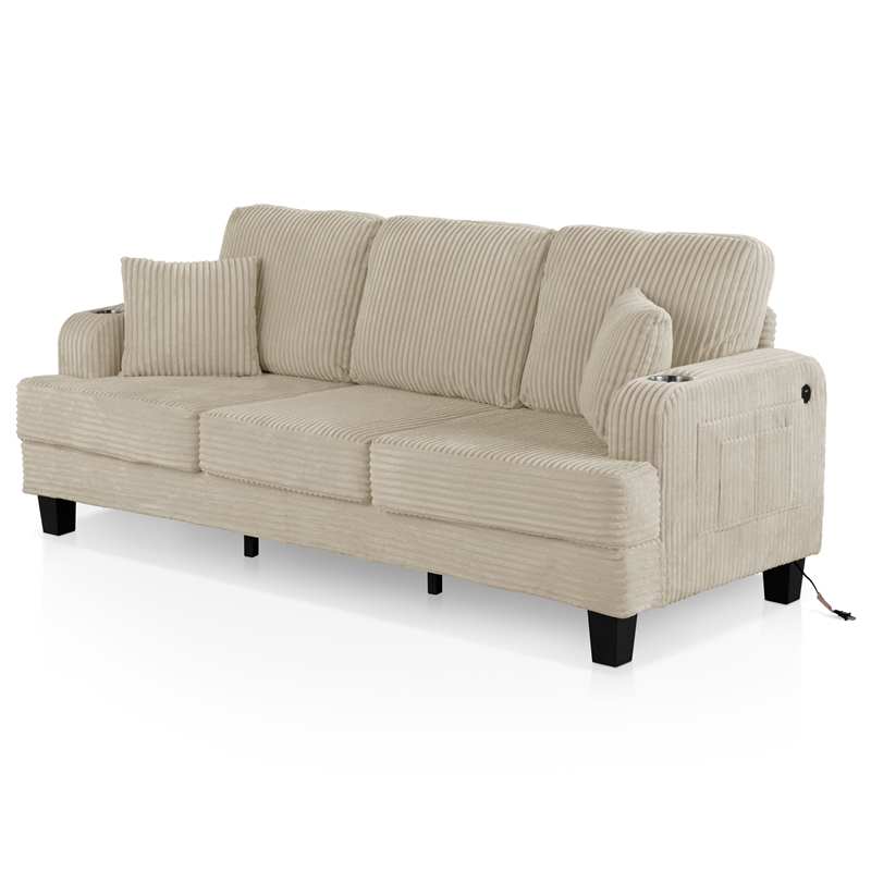 Furniture of America Reese Chenille Beige Sofa with Cup Holders and USBs