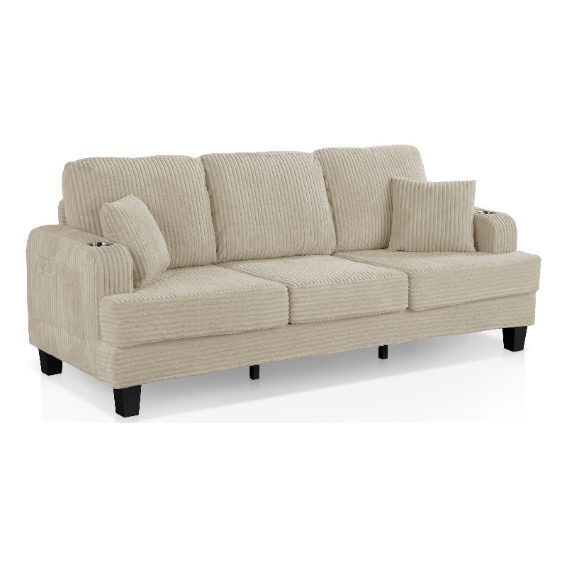 Furniture of America Reese Chenille Beige Sofa with Cup Holders and USBs