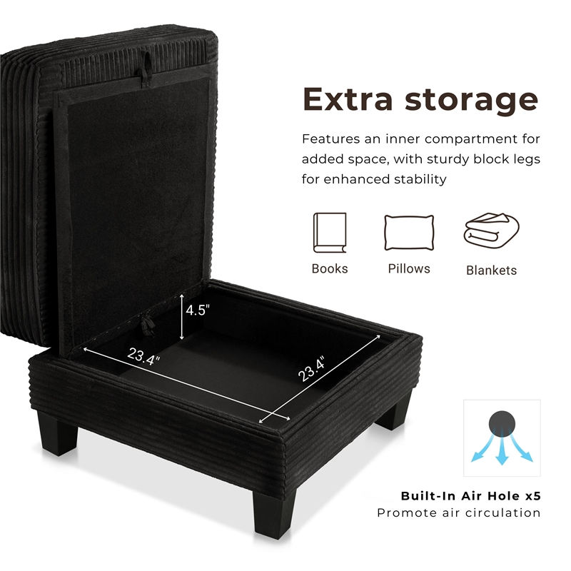 Furniture of America Reese Chenille and Wood Storage Ottoman in Black