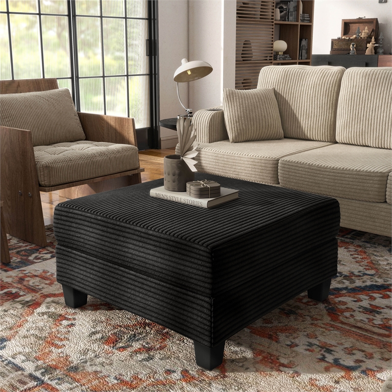 Furniture of America Reese Chenille and Wood Storage Ottoman in Black