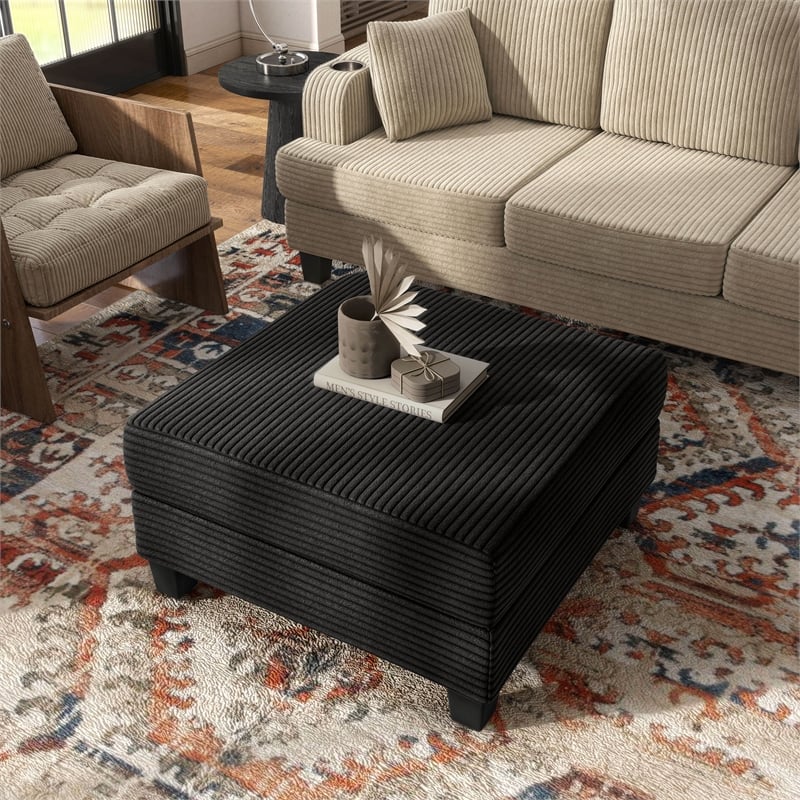 Furniture of America Reese Chenille and Wood Storage Ottoman in Black