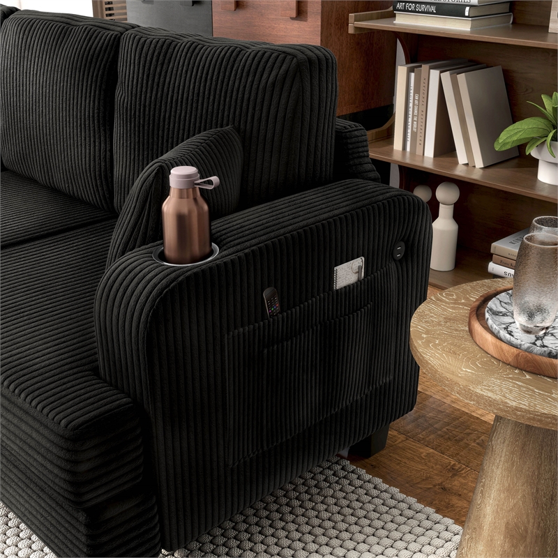 Furniture of America Reese Chenille Black Sofa with Cup Holders and USBs