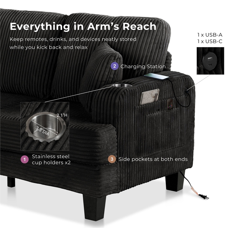 Furniture of America Reese Chenille Black Sofa with Cup Holders and USBs