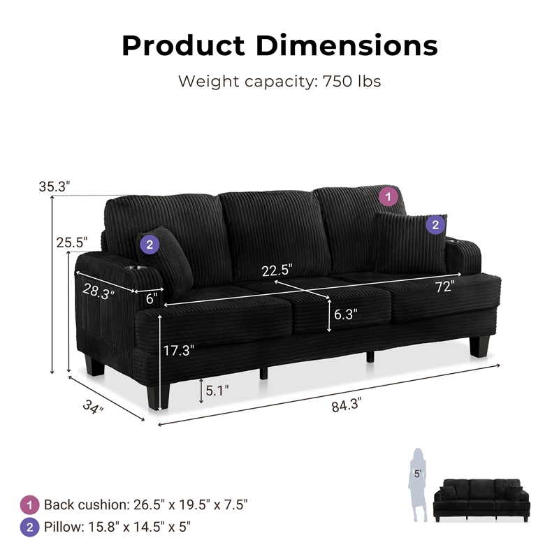 Furniture of America Reese Chenille Black Sofa with Cup Holders and USBs