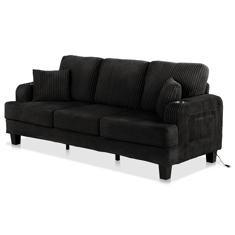 Furniture of America Reese Chenille Black Sofa with Cup Holders and USBs