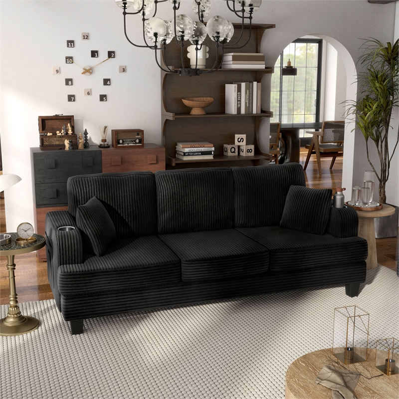 Furniture of America Reese Chenille Black Sofa with Cup Holders and USBs
