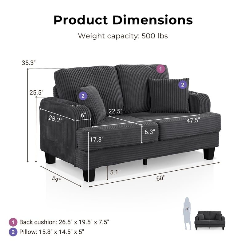 Furniture of America Reese Chenille Dark Gray Loveseat with Cup Holders