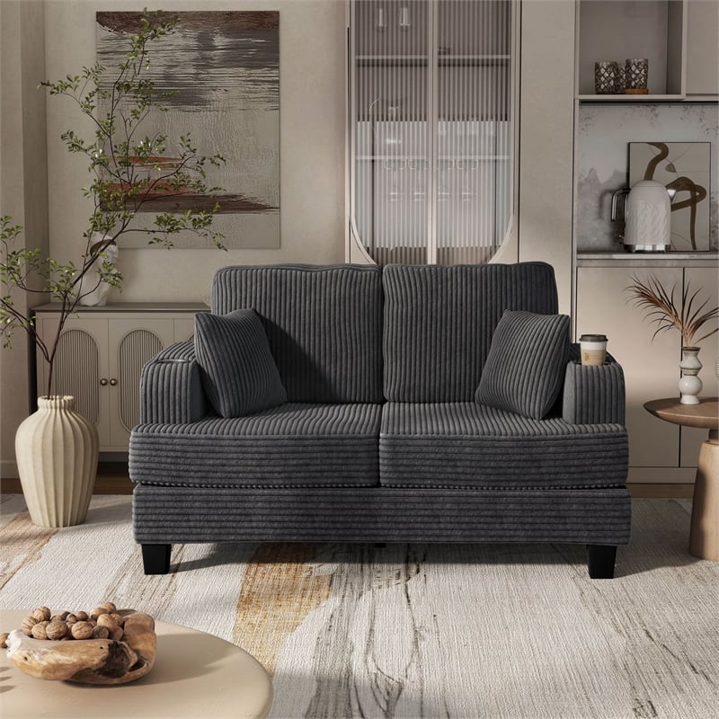 Furniture of America Reese Chenille Dark Gray Loveseat with Cup Holders