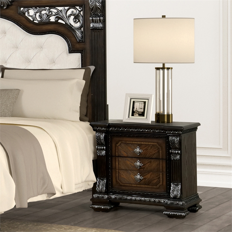 Furniture of America Byrne Wood Dovetail Espresso 3-Drawer Nightstand with USBs