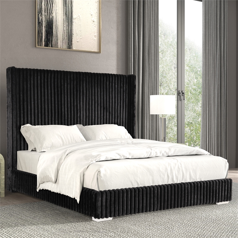 Furniture of America Plutforn Chenille Mattress Ready Queen Bed in Black