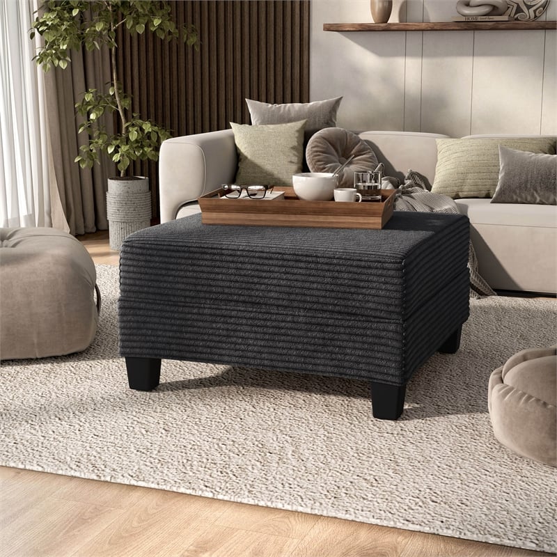 Furniture of America Reese Chenille and Wood Storage Ottoman in Dark Gray