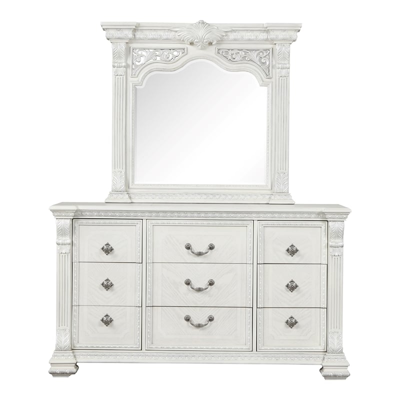 Furniture of America Byrne Wood Dovetail White 9-Drawer Dresser with Mirror