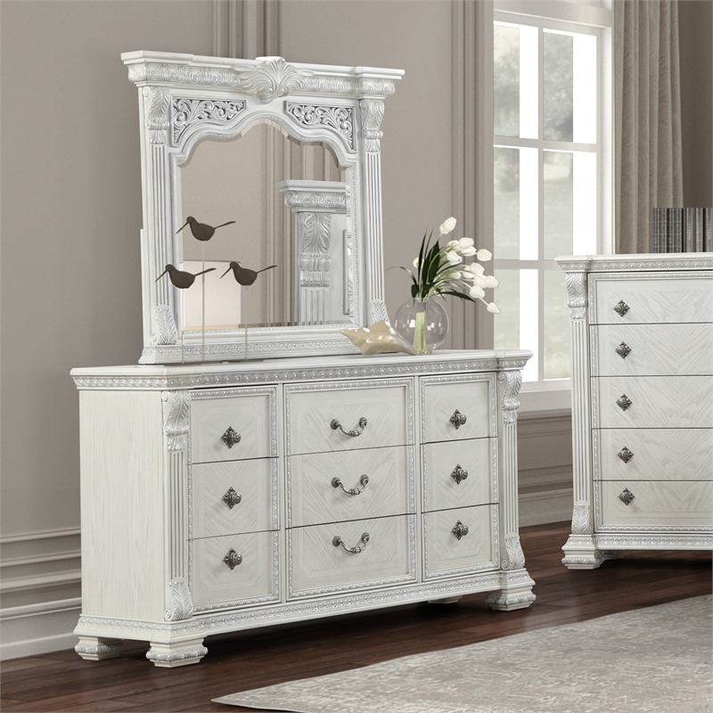 Furniture of America Byrne Wood Dovetail White 9-Drawer Dresser with Mirror