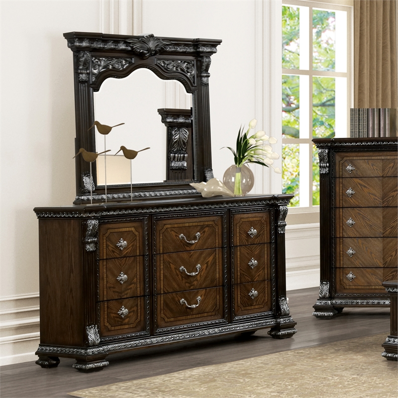 Furniture of America Byrne Wood Dovetail Espresso 9-Drawer Dresser with Mirror