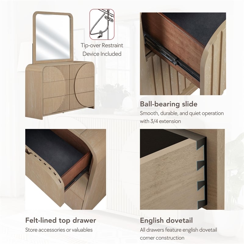 Furniture of America Tissen Wood Natural Dovetail 6-Drawer Dresser with Mirror