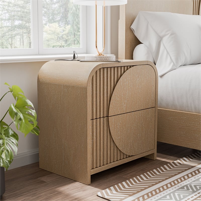 Furniture of America Tissen Natural Wood Dovetail 2-Drawer Nightstand with USBs