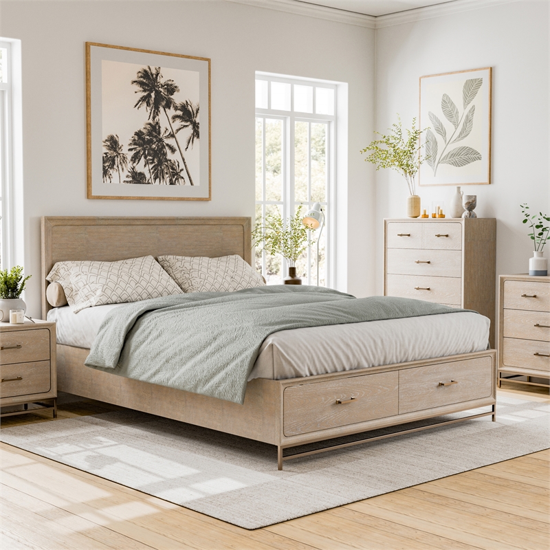 Furniture of America Don Wood and Metal Panel King Bed in Light Oak