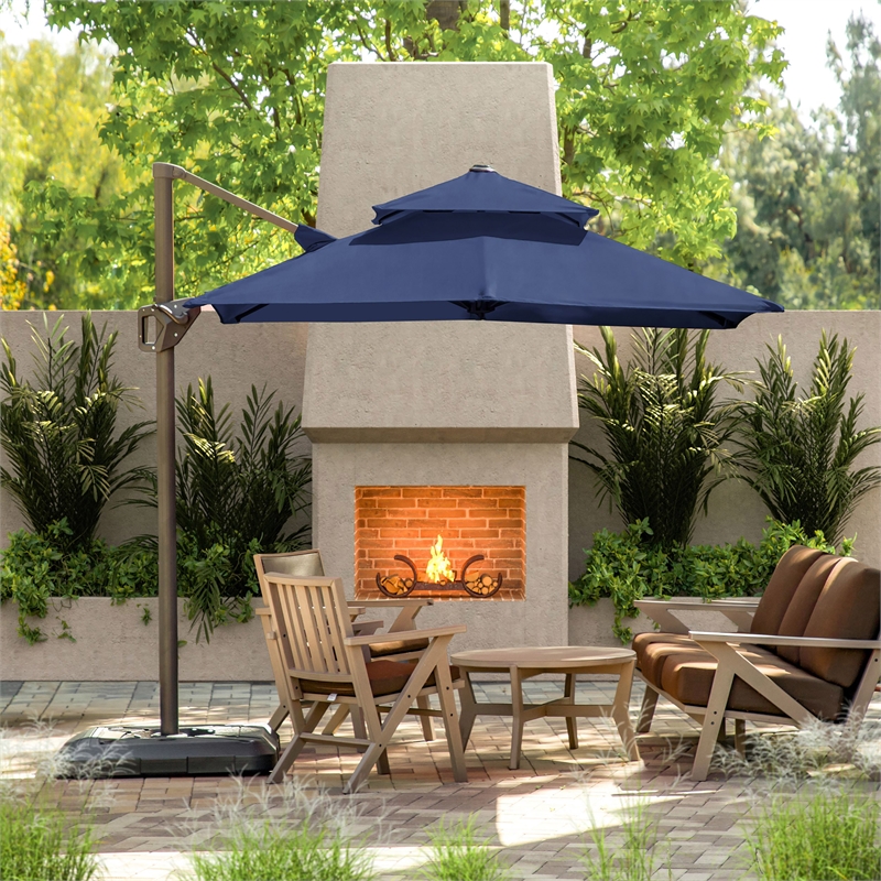 Furniture of America Maynard Polyester 8' Double Top Square Umbrella in Blue