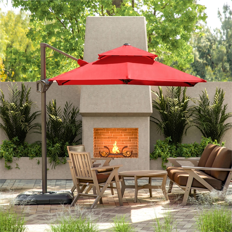 Furniture of America Maynard Polyester 8' Double Top Square Umbrella in Red
