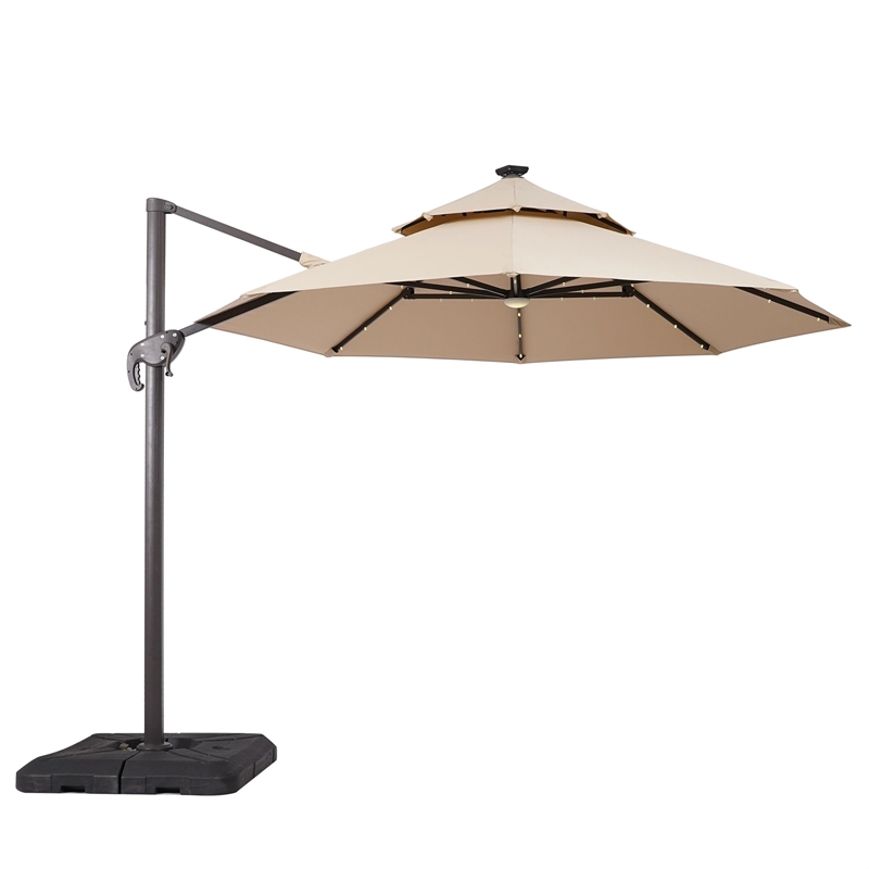 Furniture of America Vauren Fabric 10' Double Top Round Beige Umbrella with LED