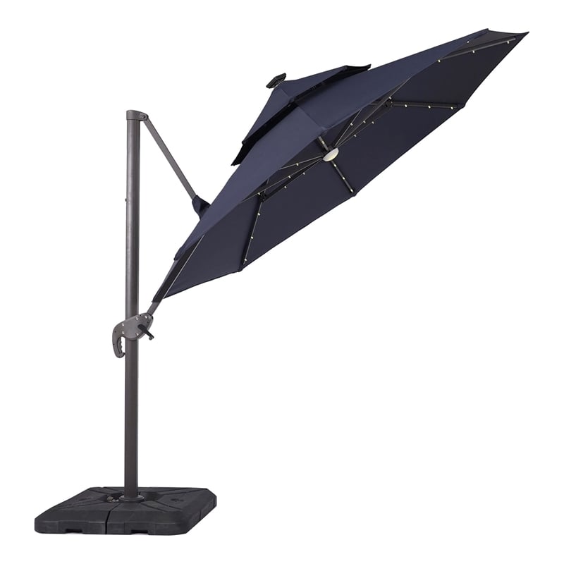 Furniture of America Vauren Fabric 10' Double Top Round Blue Umbrella with LED