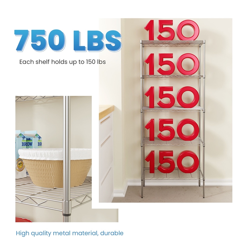 Furniture of America Nigel Metal 5-Tier Wire Shelving Rack in Chrome