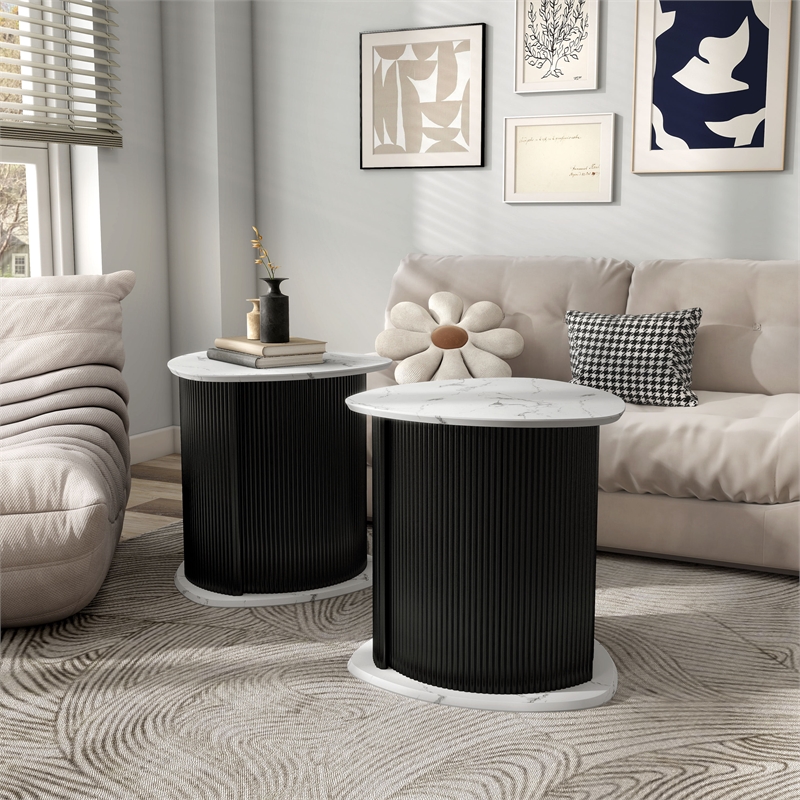 Furniture of America Elara Iron and Faux Marble 2-Piece End Table Set in Black
