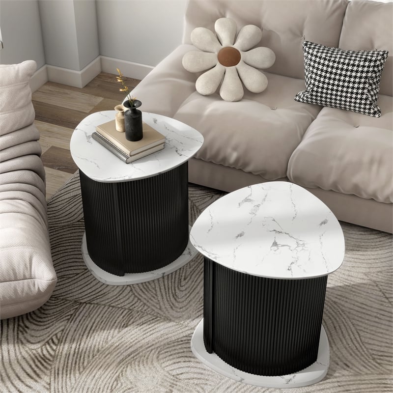 Furniture of America Elara Iron and Faux Marble 2-Piece End Table Set in Black