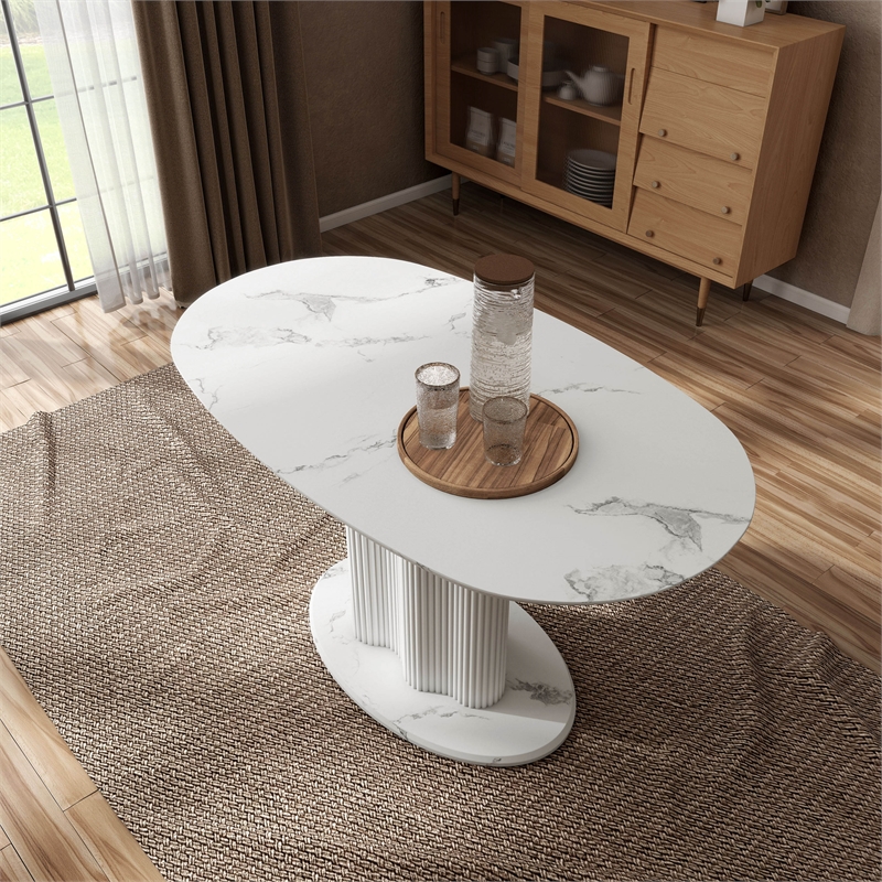 Furniture of America Elara Iron and Faux Marble Pedestal Dining Table in White